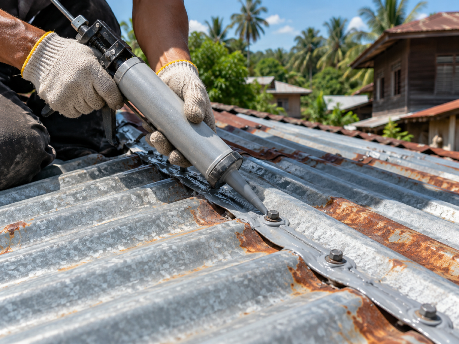 Sealant disapu pada sambungan dan skru atap zink lama