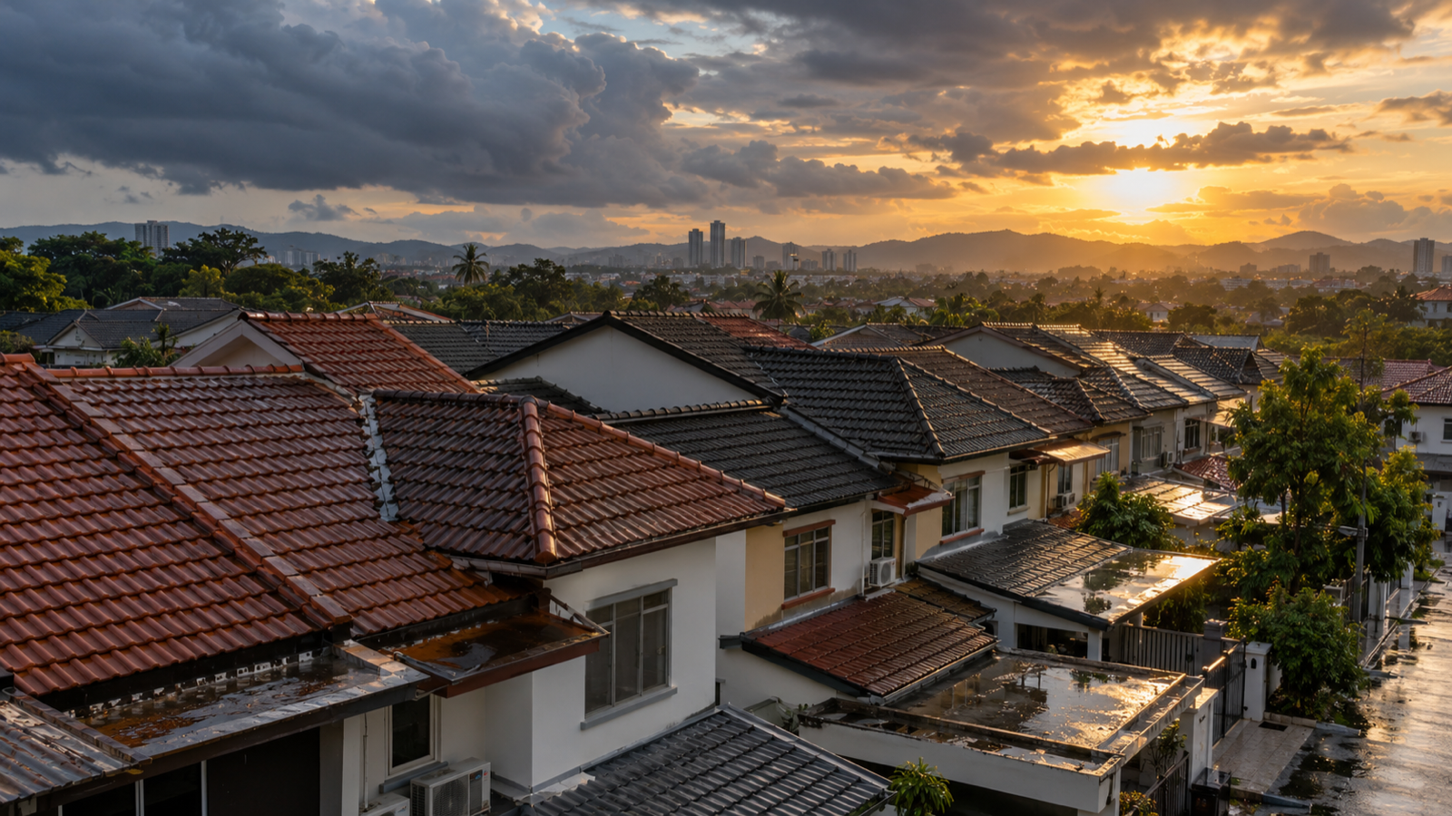 Deretan bumbung rumah teres basah selepas hujan