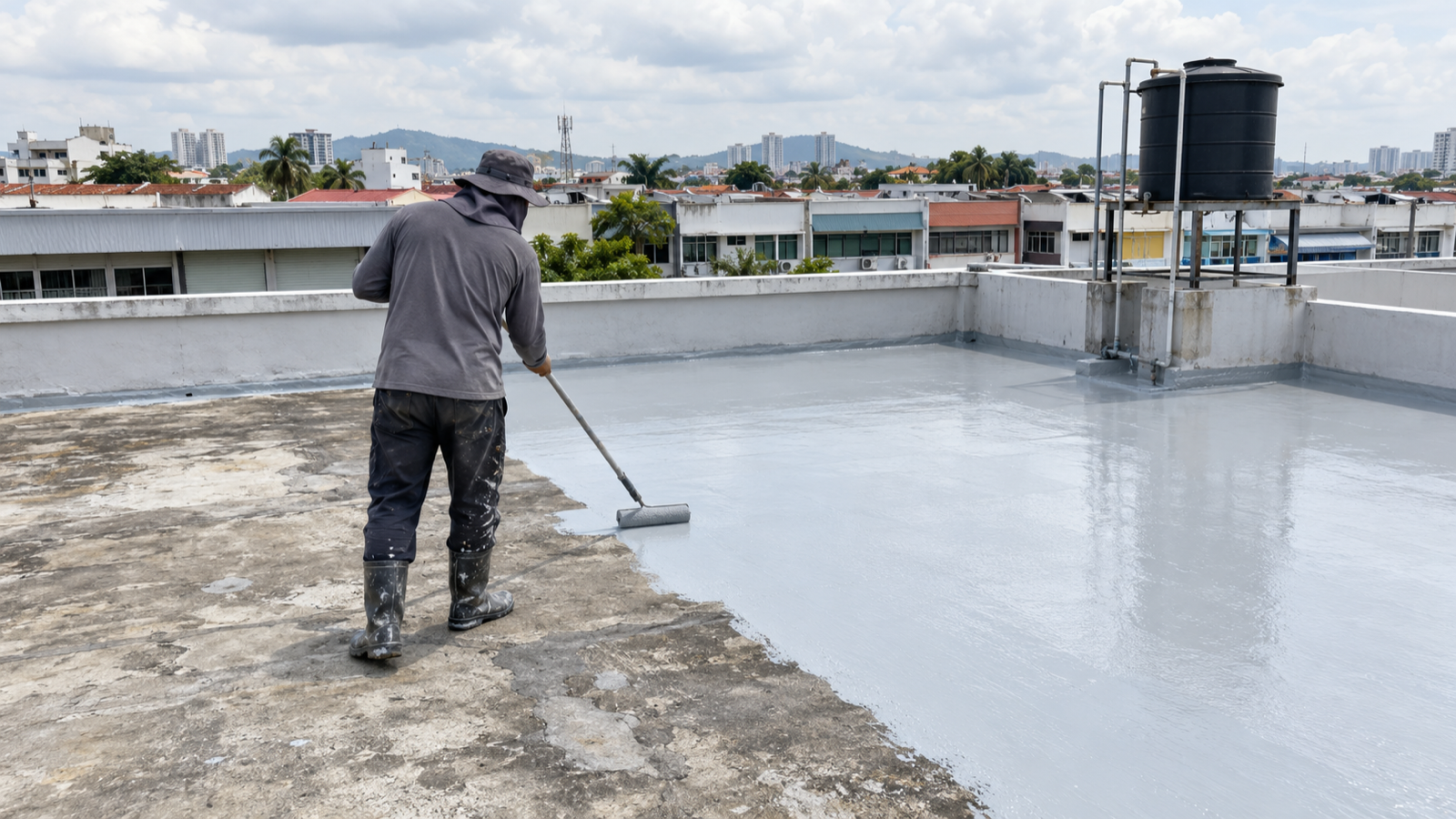 Lapisan waterproofing disapu di atas bumbung konkrit rata rumah kedai